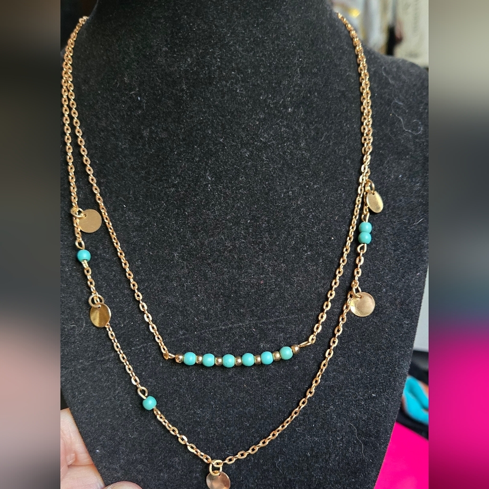 Turquoise Gold Tone Layered Necklace - Picture 2 of 4